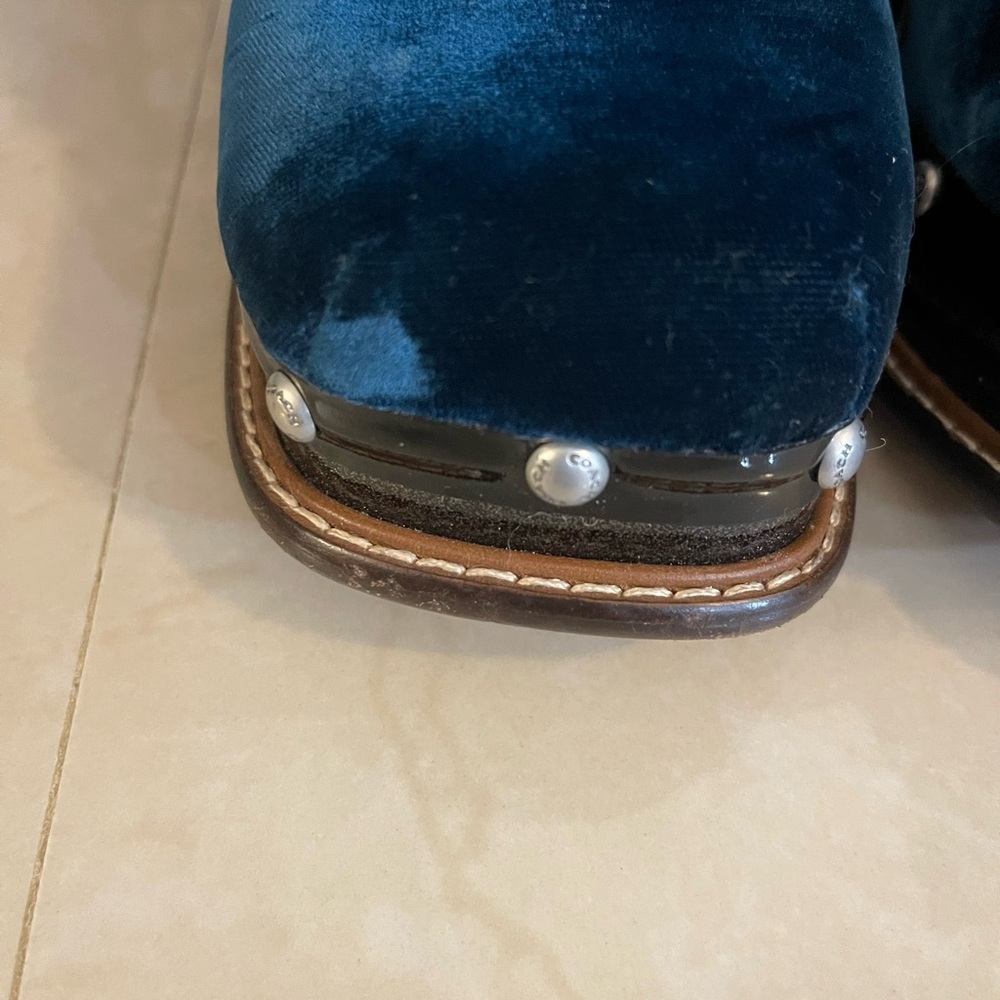 Coach Navy Velvet and Chestnut Leather Shearling Clog Mules with Crystal Buckle - Picture 4 of 11